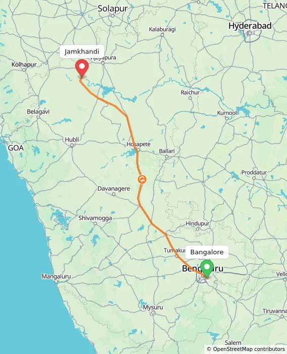 Route map showing distance and travel time from Bangalore, India to Jamkhandi, India