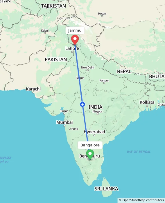 Route map showing distance and travel time from Bangalore, India to Jammu, India