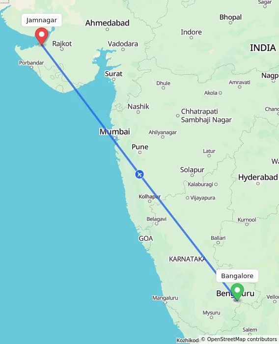 Route map showing distance and travel time from Bangalore, India to Jamnagar, India