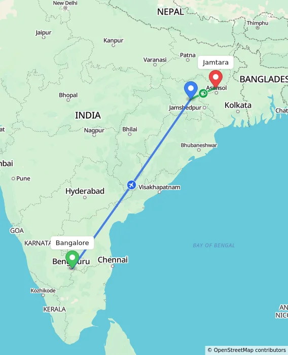 Route map showing distance and travel time from Bangalore, India to Jamtara, India