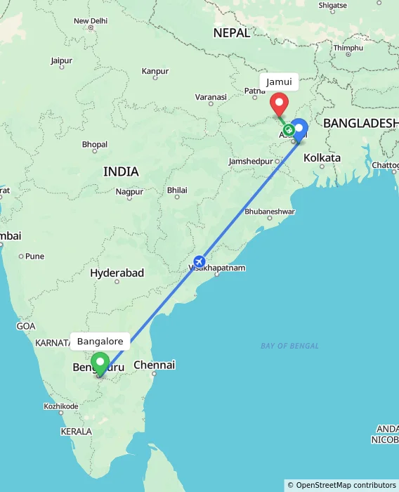 Route map showing distance and travel time from Bangalore, India to Jamui, India