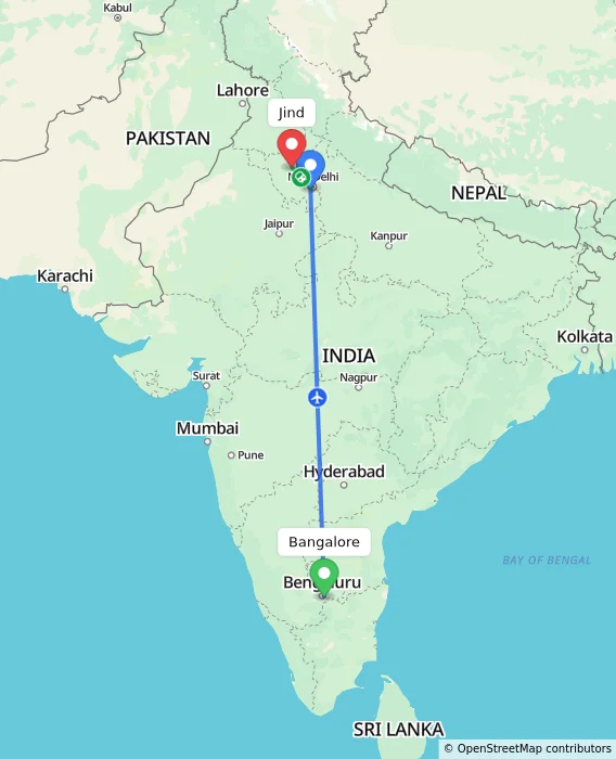 Route map showing distance and travel time from Bangalore, India to Jind, India
