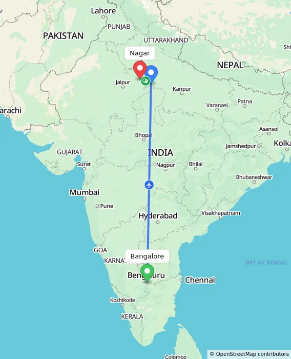 Route map showing distance and travel time from Bangalore, India to Nagar, India