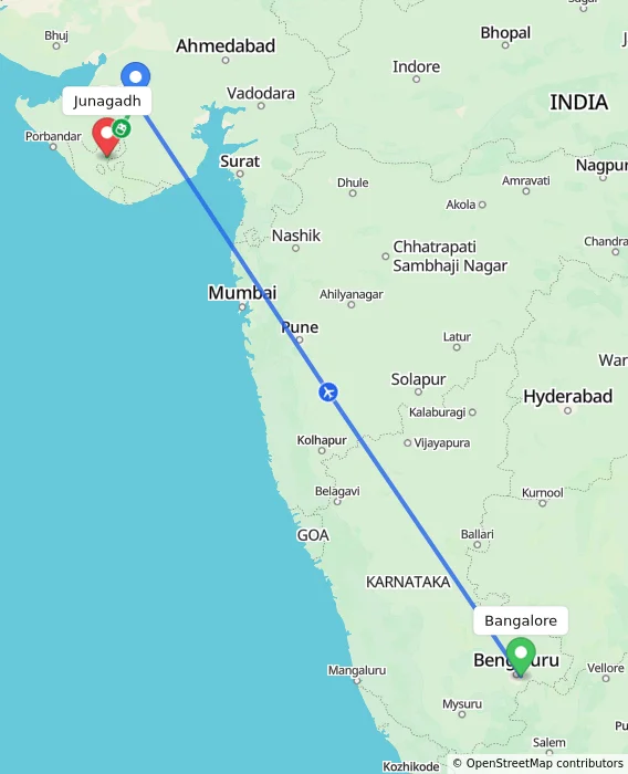 Route map showing distance and travel time from Bangalore, India to Junagadh, India