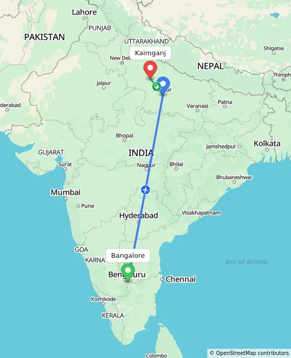 Route map showing distance and travel time from Bangalore, India to Kaimganj, India