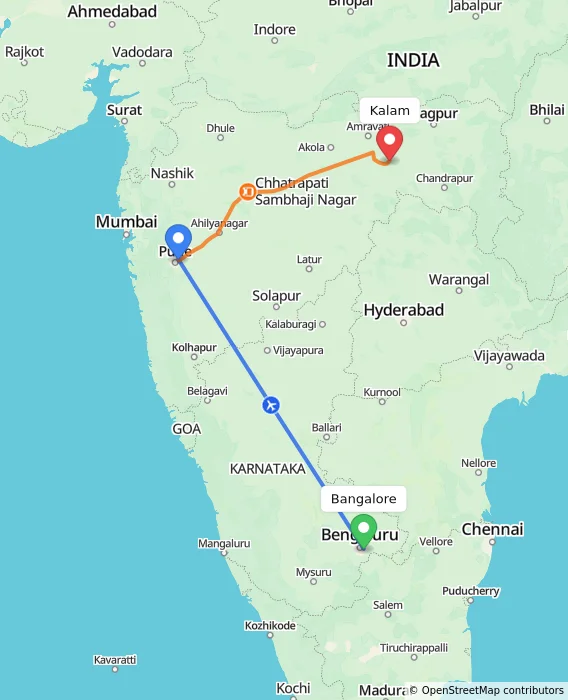 Route map showing distance and travel time from Bangalore, India to Kalam, India