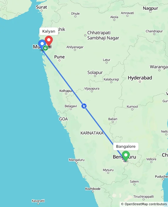 Route map showing distance and travel time from Bangalore, India to Kalyan, India