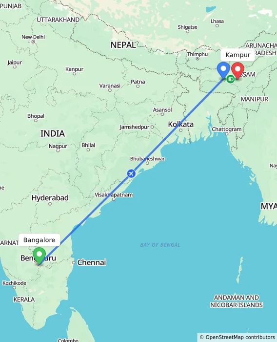 Route map showing distance and travel time from Bangalore, India to Kampur, India