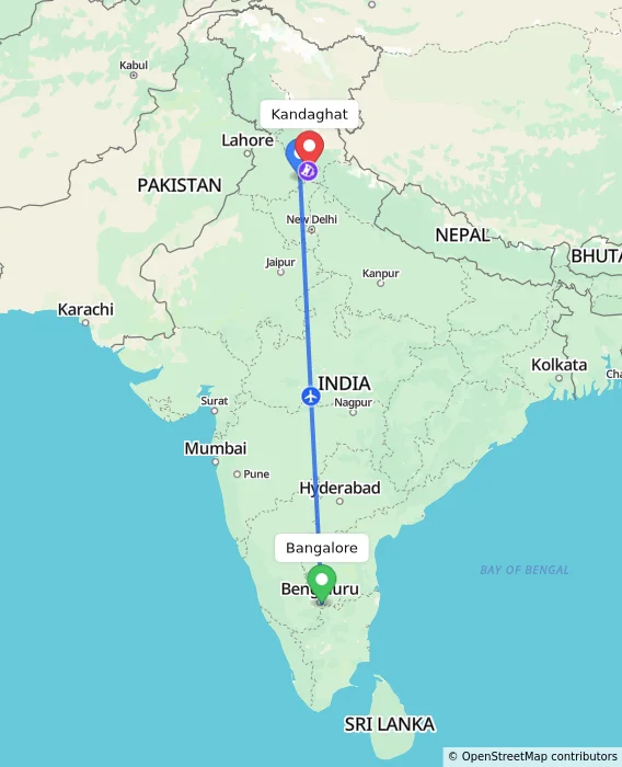 Route map showing distance and travel time from Bangalore, India to Kandaghat, India