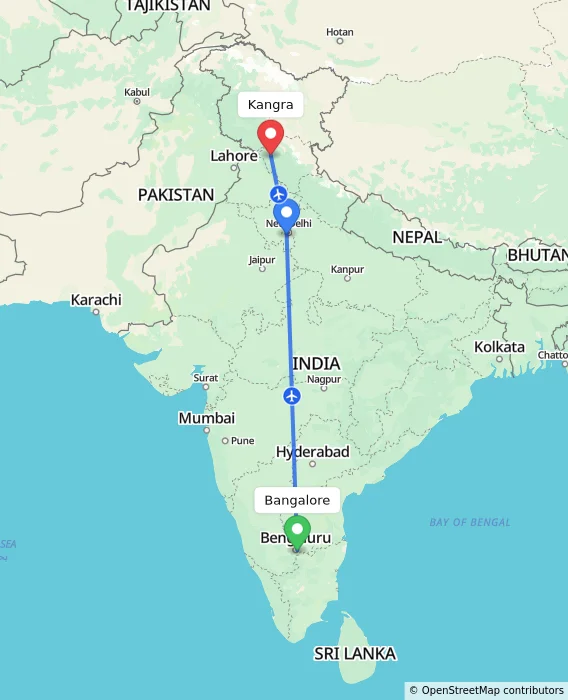 Route map showing distance and travel time from Bangalore, India to Kangra, India