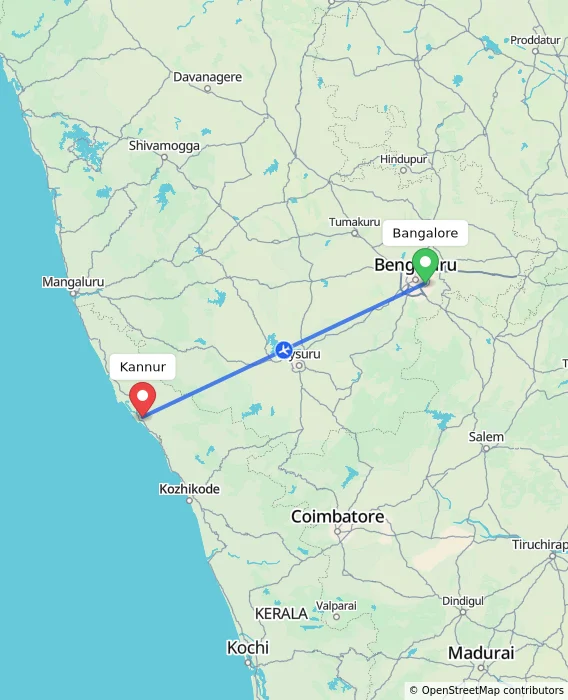 Route map showing distance and travel time from Bangalore, India to Kannur, India