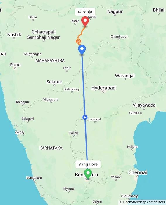 Route map showing distance and travel time from Bangalore, India to Karanja, India