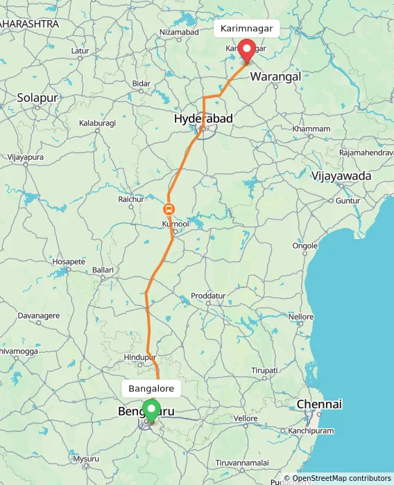 Route map showing distance and travel time from Bangalore, India to Karimnagar, India