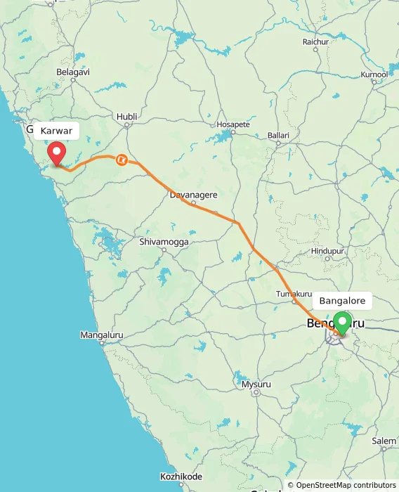 Route map showing distance and travel time from Bangalore, India to Karwar, India