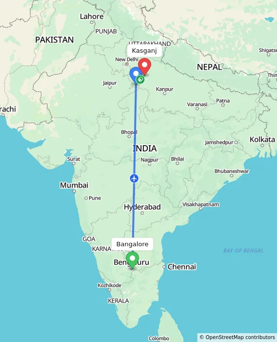 Route map showing distance and travel time from Bangalore, India to Kasganj, India