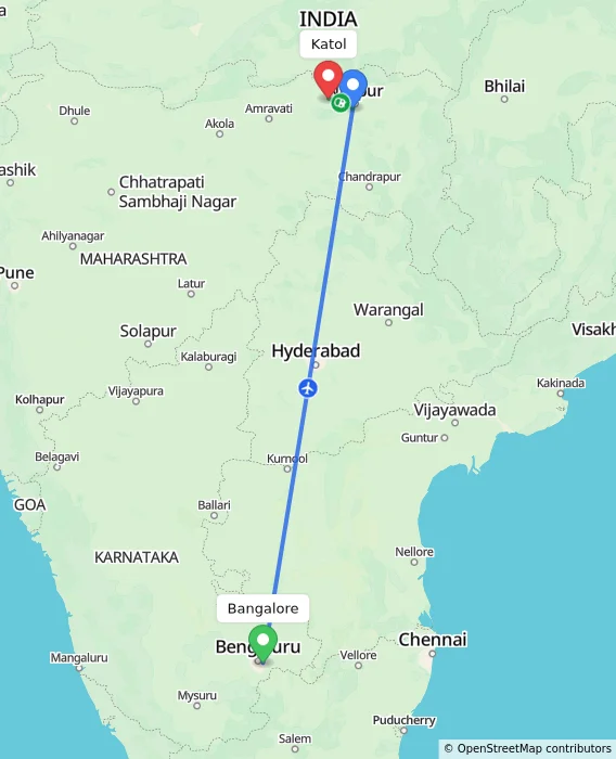 Route map showing distance and travel time from Bangalore, India to Katol, India