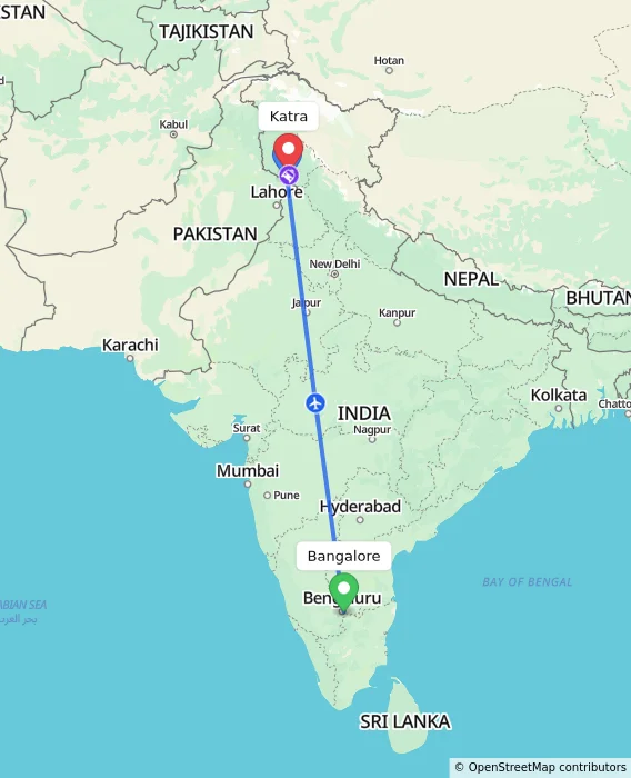 Route map showing distance and travel time from Bangalore, India to Katra, India