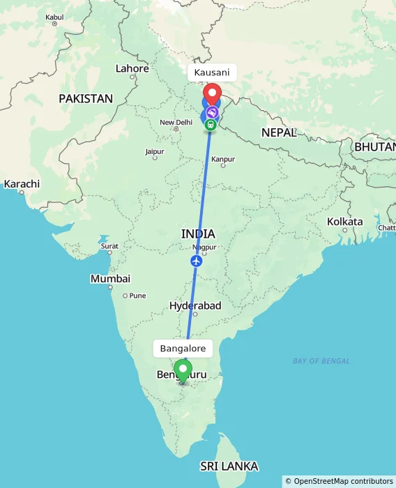 Route map showing distance and travel time from Bangalore, India to Kausani, India