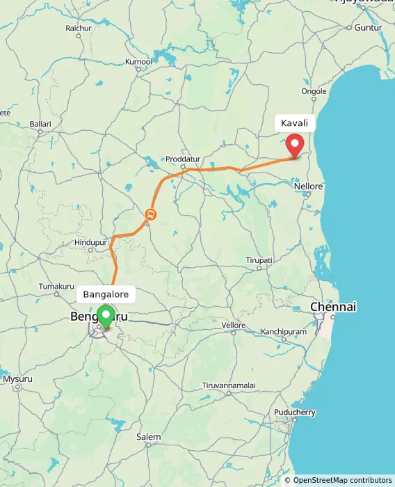Route map showing distance and travel time from Bangalore, India to Kavali, India