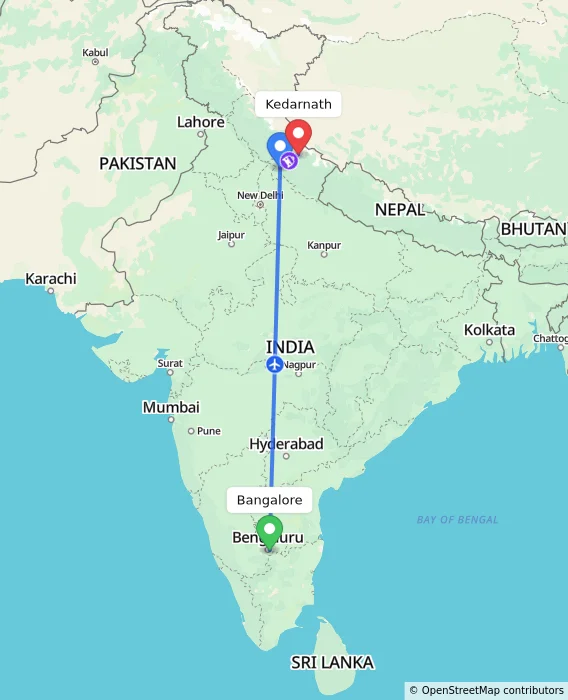 Route map showing distance and travel time from Bangalore, India to Kedarnath, India