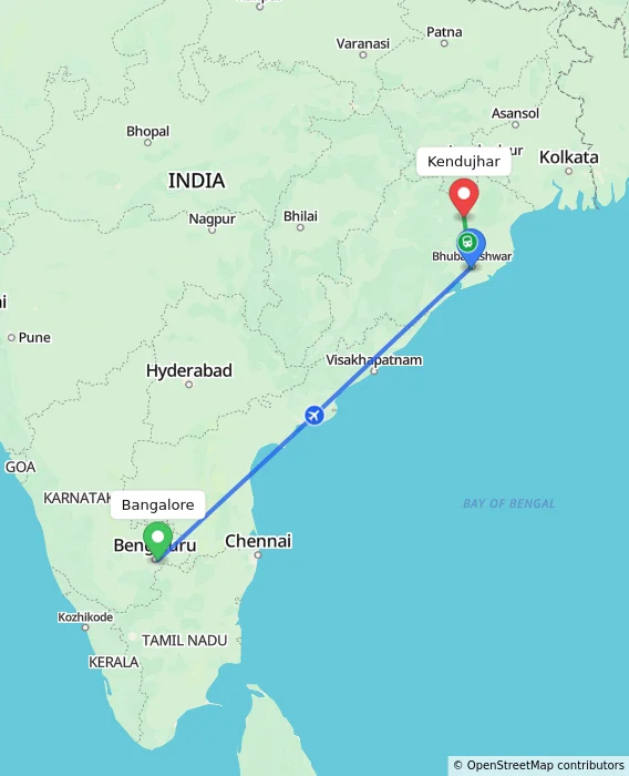 Route map showing distance and travel time from Bangalore, India to Kendujhar, India