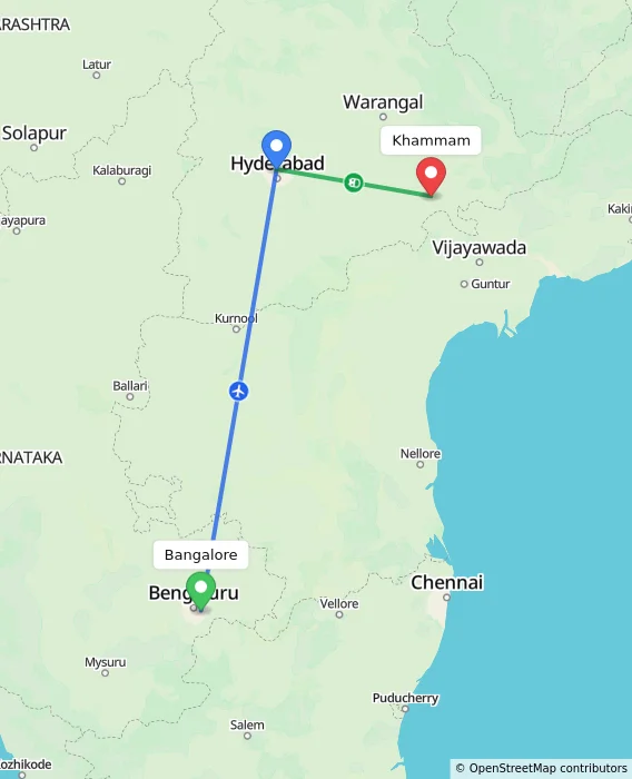 Route map showing distance and travel time from Bangalore, India to Khammam, India