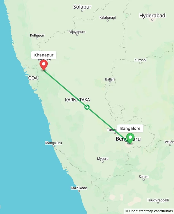 Route map showing distance and travel time from Bangalore, India to Khanapur, India