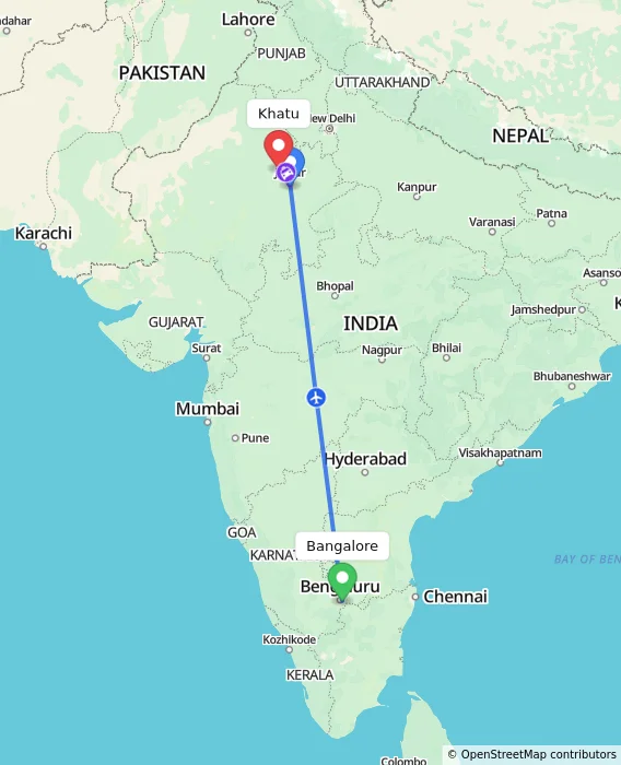 Route map showing distance and travel time from Bangalore, India to Khatu, India