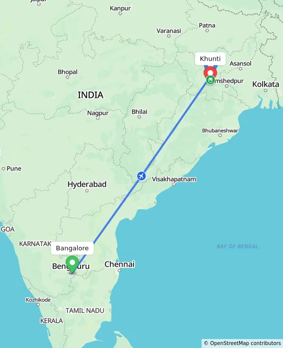 Route map showing distance and travel time from Bangalore, India to Khunti, India