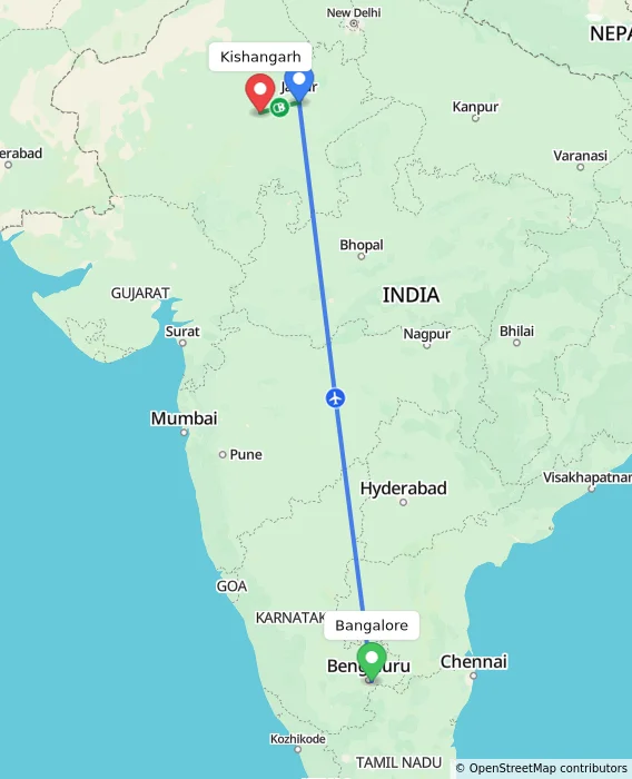 Route map showing distance and travel time from Bangalore, India to Kishangarh, India