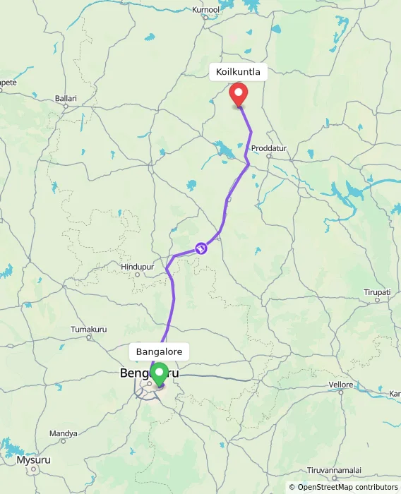 Route map showing distance and travel time from Bangalore, India to Koilkuntla, India