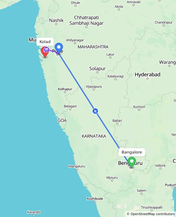 Route map showing distance and travel time from Bangalore, India to Kolad, India