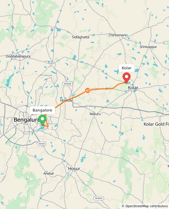 Route map showing distance and travel time from Bangalore, India to Kolar, India