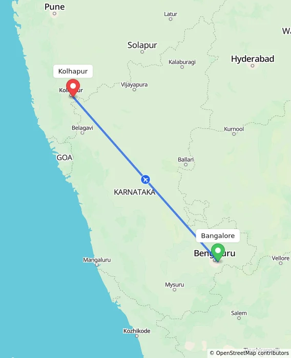 Route map showing distance and travel time from Bangalore, India to Kolhapur, India