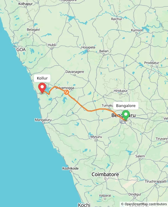 Route map showing distance and travel time from Bangalore, India to Kollur, India