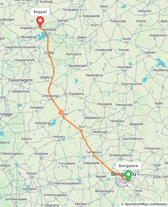 Route map showing distance and travel time from Bangalore, India to Koppal, India