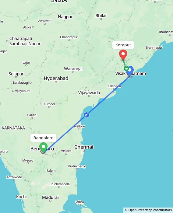 Route map showing distance and travel time from Bangalore, India to Koraput, India