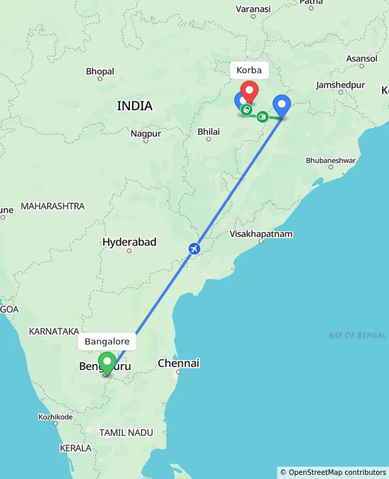 Route map showing distance and travel time from Bangalore, India to Korba, India