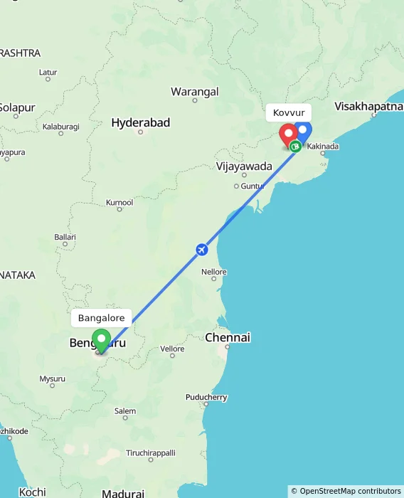 Route map showing distance and travel time from Bangalore, India to Kovvur, India