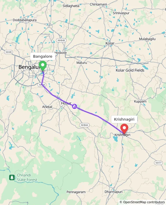 Route map showing distance and travel time from Bangalore, India to Krishnagiri, India