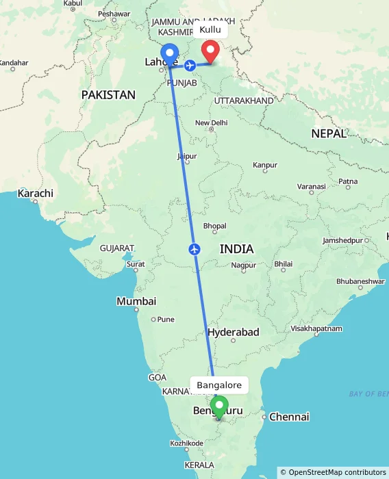 Route map showing distance and travel time from Bangalore, India to Kullu, India