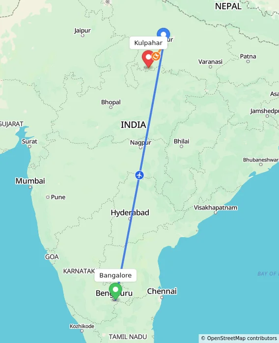 Route map showing distance and travel time from Bangalore, India to Kulpahar, India
