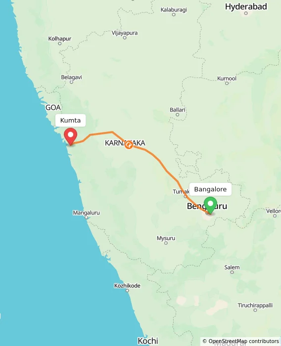 Route map showing distance and travel time from Bangalore, India to Kumta, India