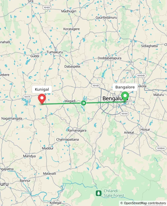 Route map showing distance and travel time from Bangalore, India to Kunigal, India