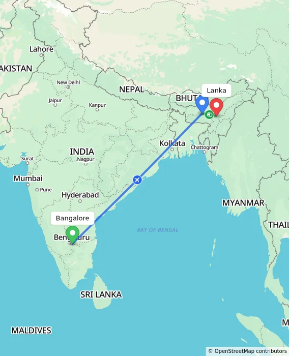 Route map showing distance and travel time from Bangalore, India to Lanka, India