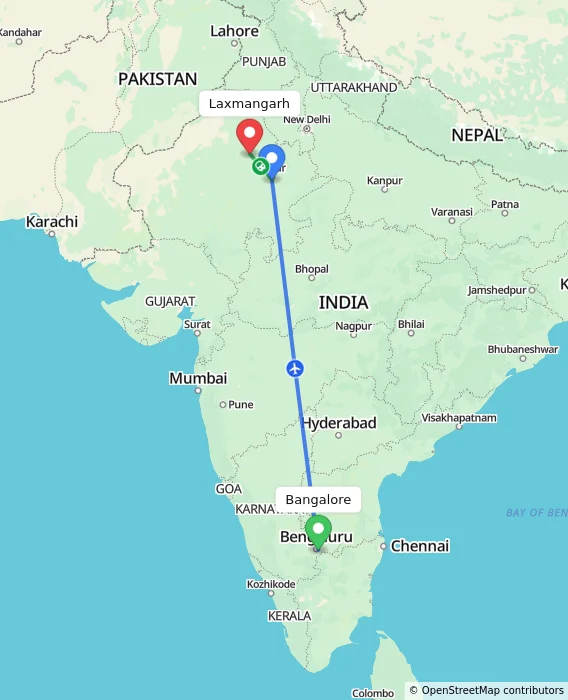 Route map showing distance and travel time from Bangalore, India to Laxmangarh, India