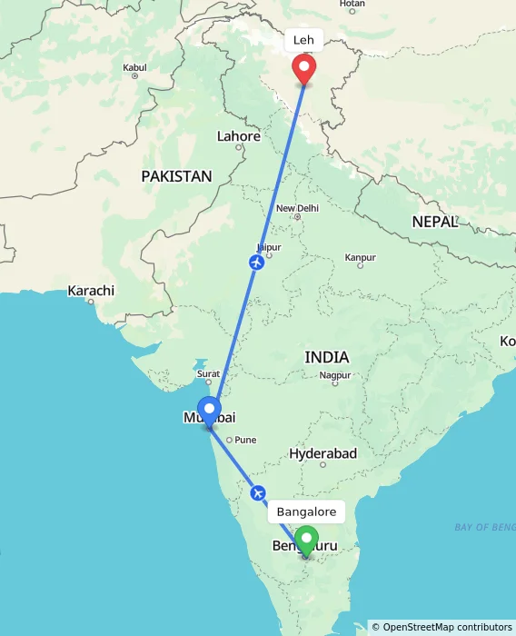 Route map showing distance and travel time from Bangalore, India to Leh, India