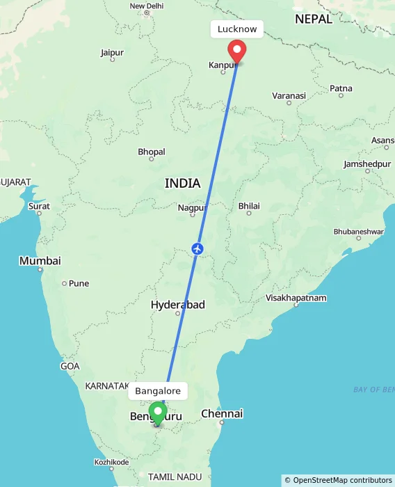 Route map showing distance and travel time from Bangalore, India to Lucknow, India