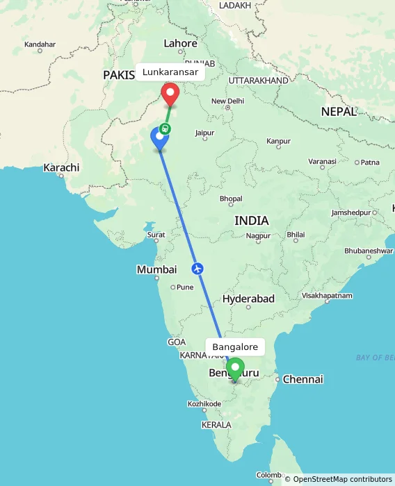 Route map showing distance and travel time from Bangalore, India to Lunkaransar, India