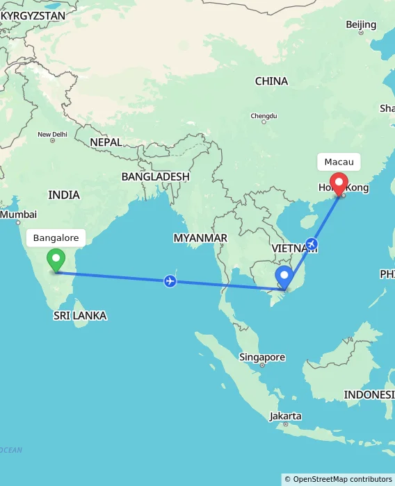 Route map showing distance and travel time from Bangalore, India to Macau, Macau (Special Administrative Region of China)